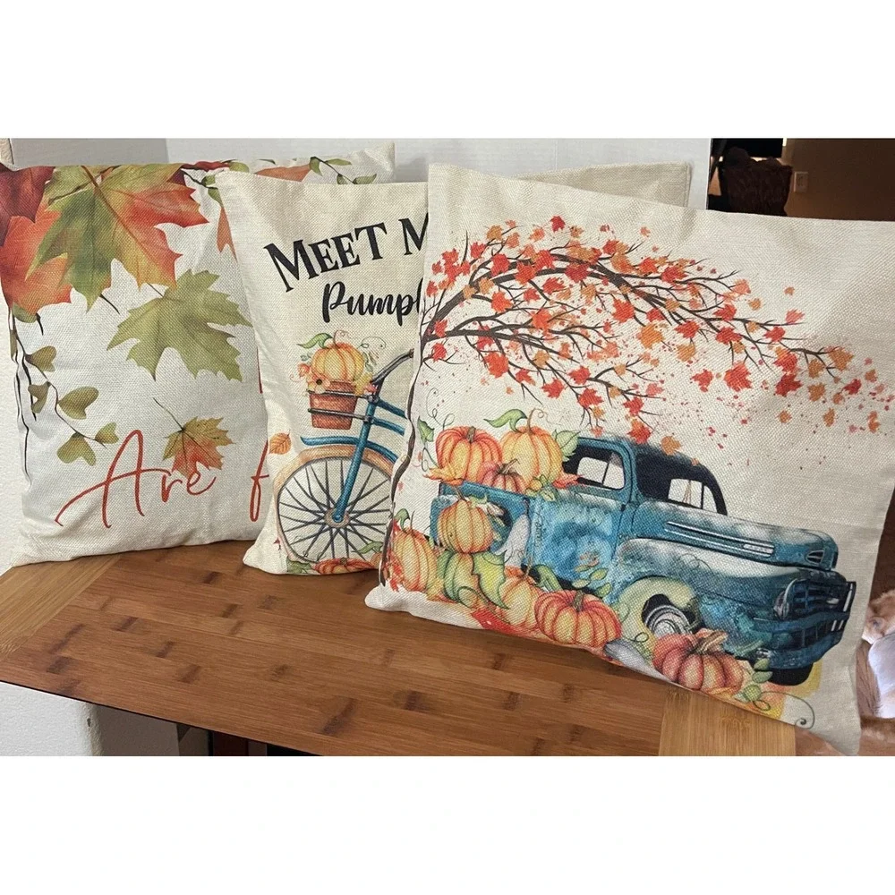 18x18 Fall Throw Pillow Covers w/Pillows included Set of 3 Autumn Leaves Pumpkin